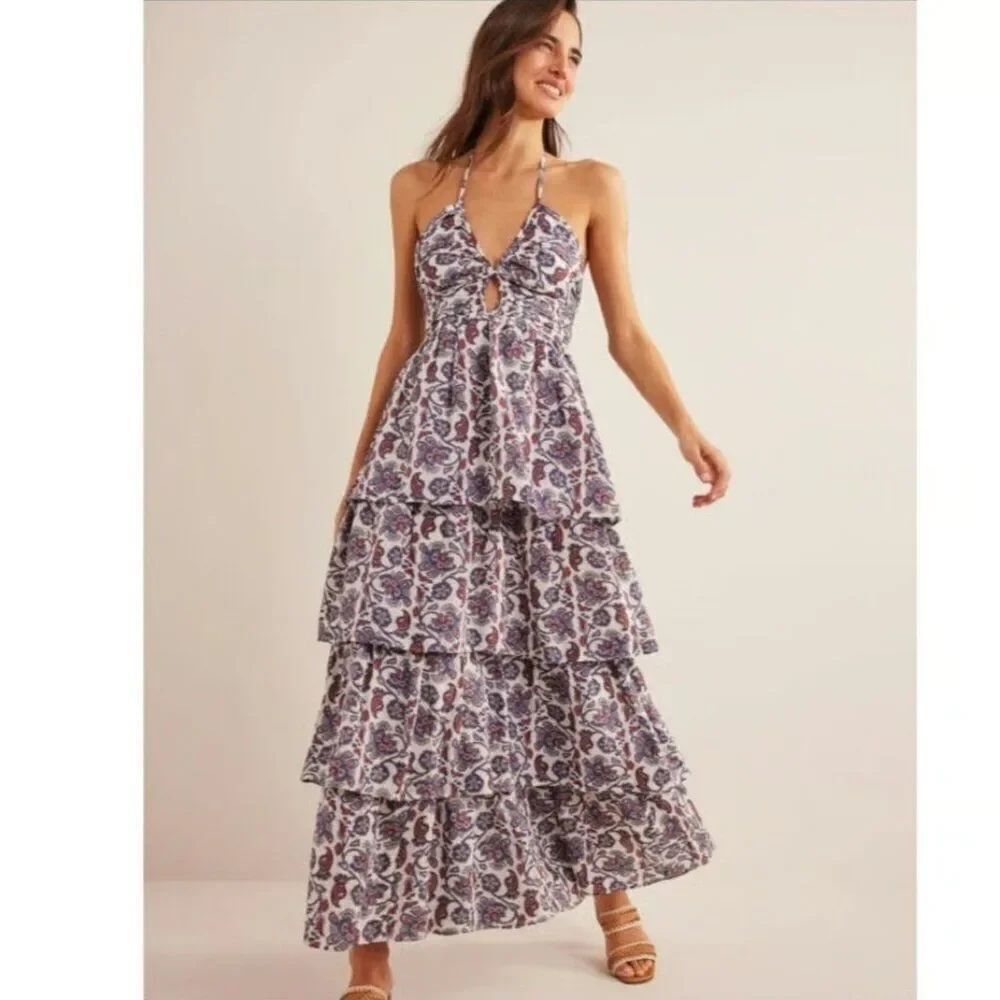 Boden Womens Maxi Dress UK 20R US 16 18R Blue Ruched Tiered Halterneck D0523 NWT